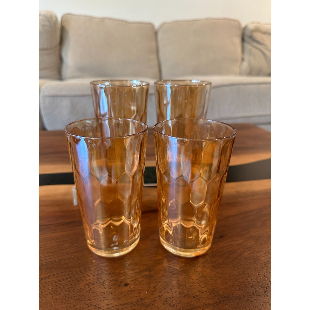 Set of 4 Jeanette Hex Optic Honeycomb Glasses Tumblers Carnival Marigold